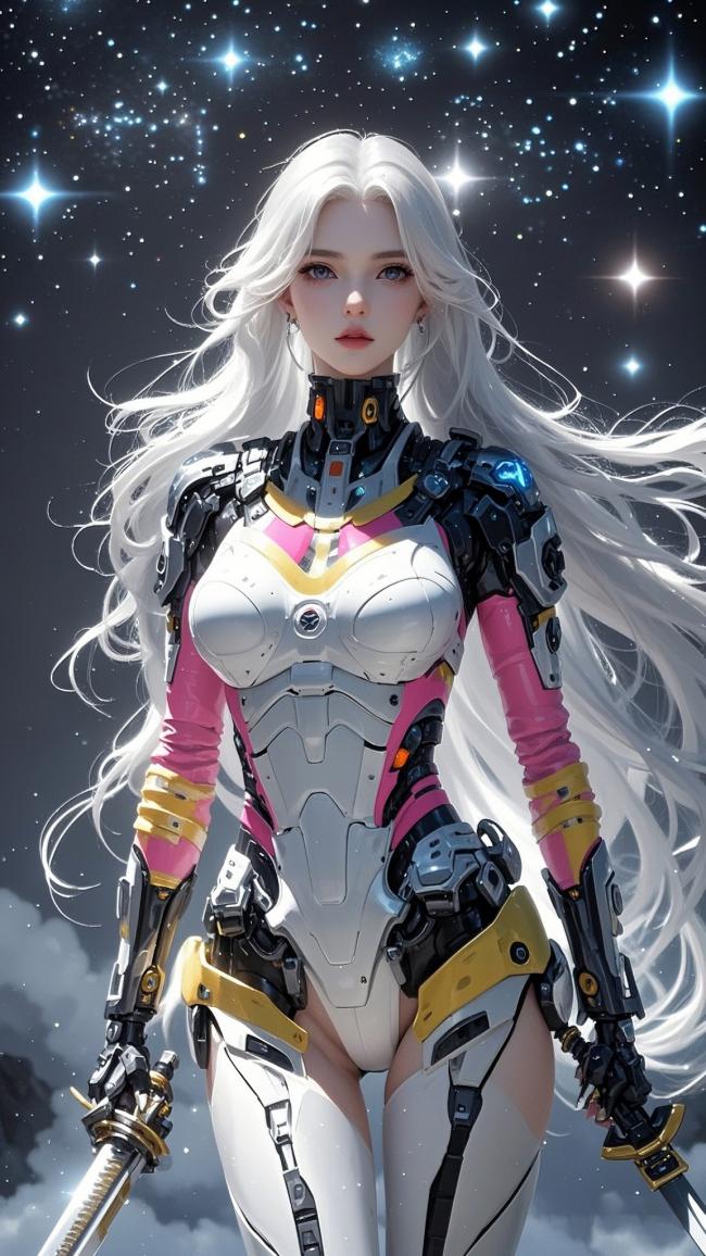 银发机甲女战士立于星海之间