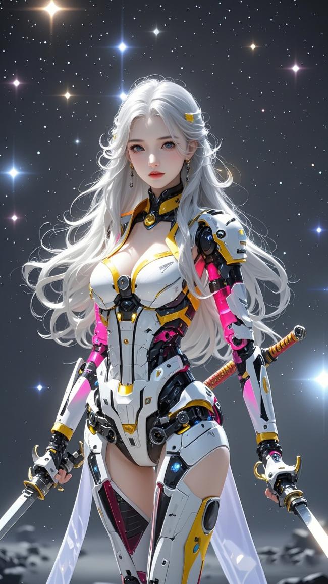 银发赛博女战士持双剑立于星海之间