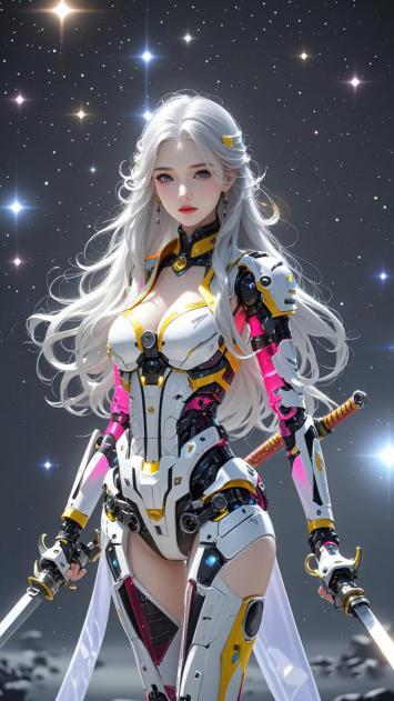 银发赛博女战士持双剑立于星海之间