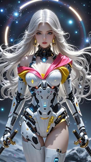 赛博朋克银发女战士持剑立于星空之下