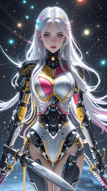 赛博朋克银发机甲女战士持剑星海图