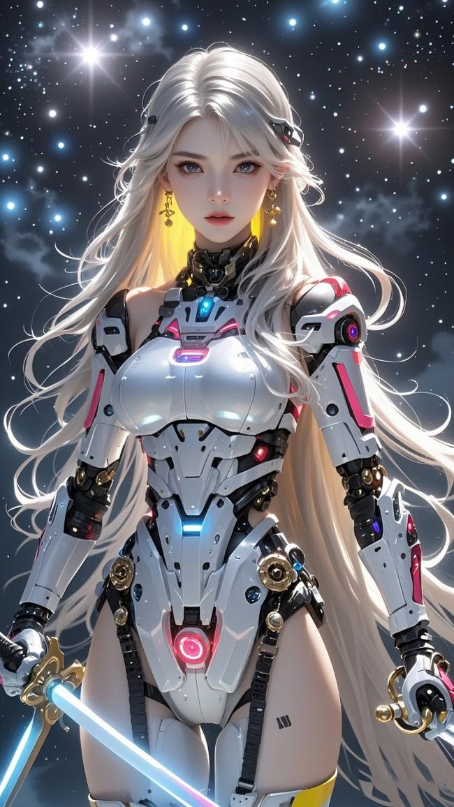 赛博朋克银发女战士持剑立于星海
