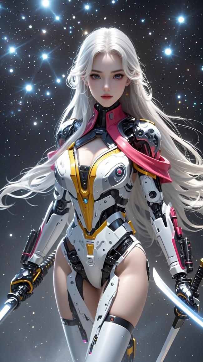 赛博朋克银发机甲女战士星海持剑图