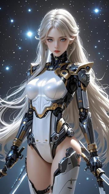 赛博朋克银发机甲女战士星海持刃图