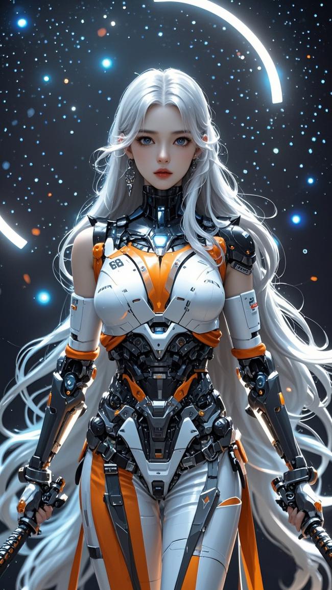 赛博朋克银发机甲女战士星空战姿