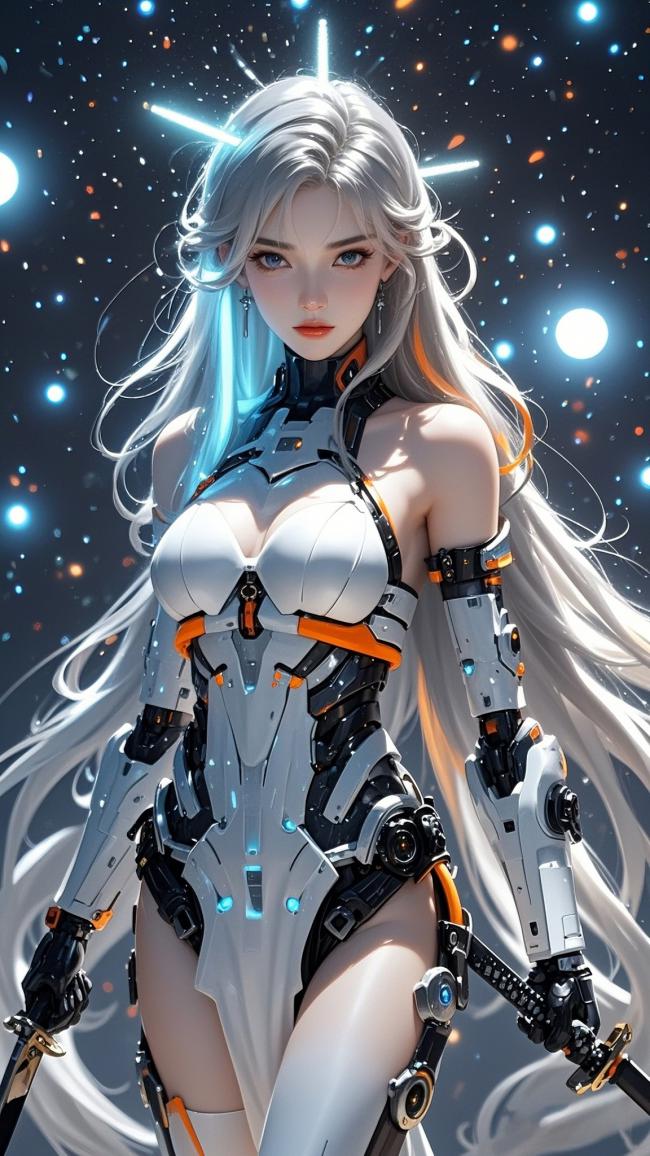 赛博朋克银发女战士持剑立于星海之中