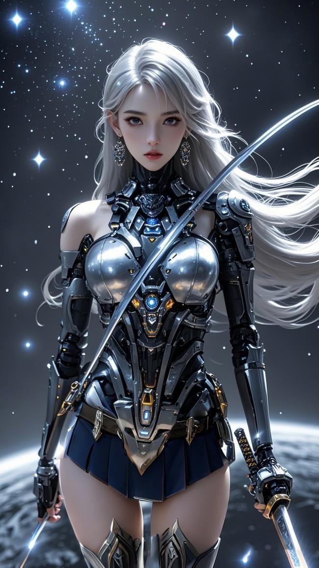 赛博朋克银发女战士持剑立于星海之间