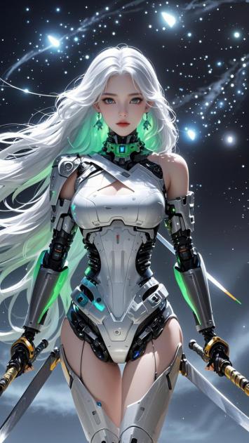赛博朋克银发女战士持剑立于星海之中