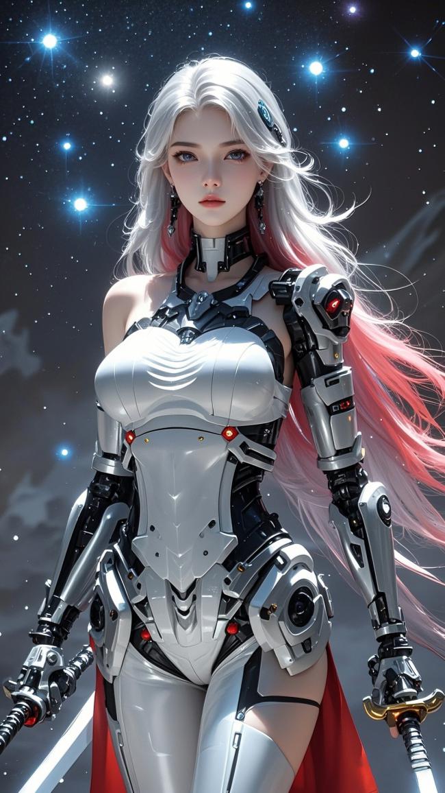 赛博朋克银发机甲女战士插画
