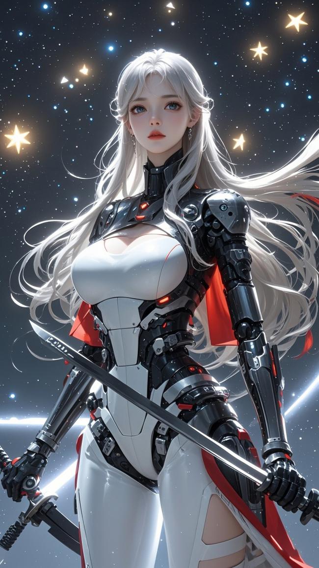 赛博朋克银发女战士持剑星海图