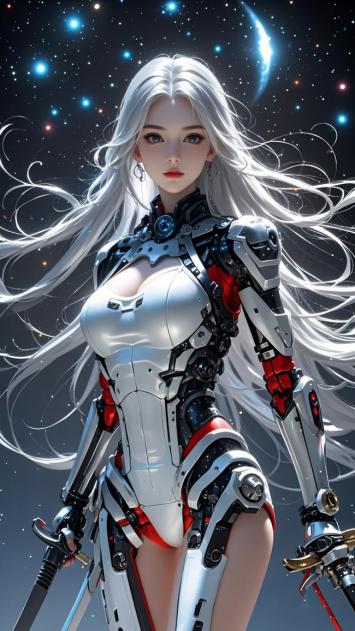 银发机甲女战士立于星海之间