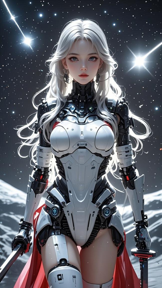 银发机甲女战士立于月球星空之下
