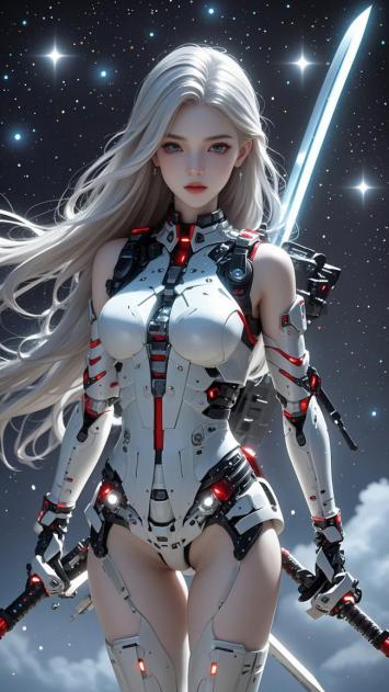 银发机甲女战士持剑立于星海之间