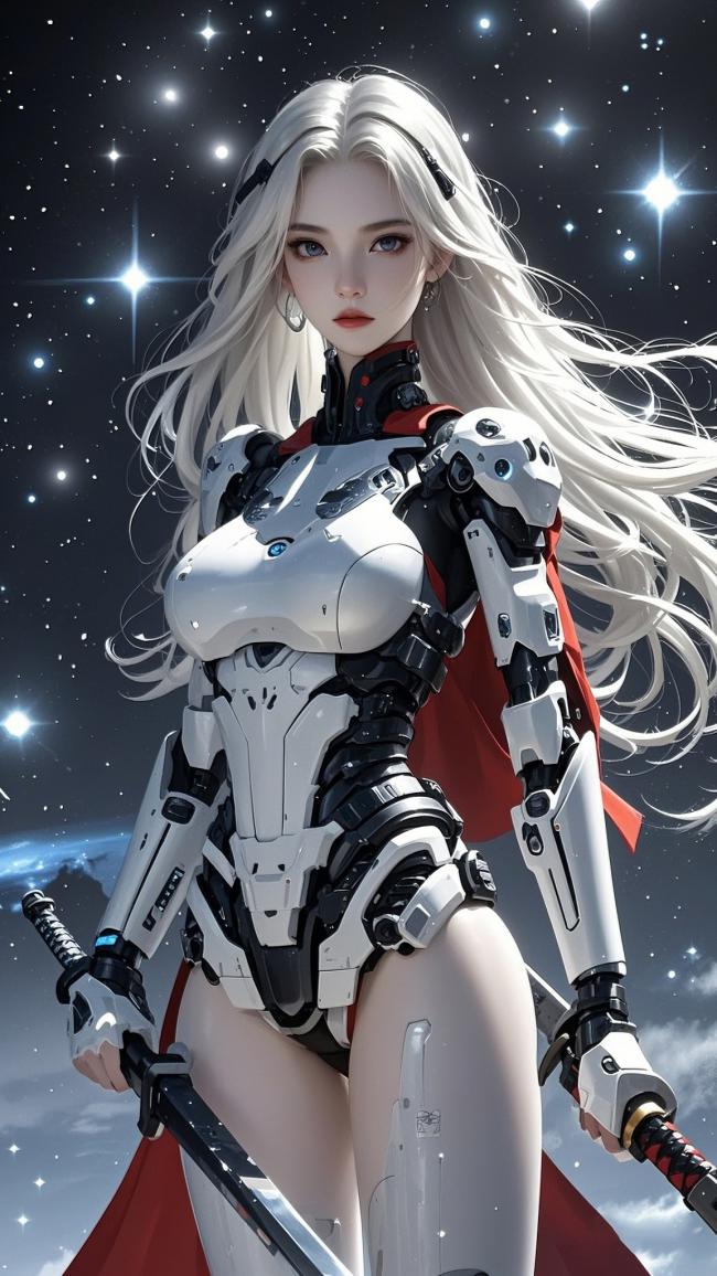 星空下的赛博机甲女武士