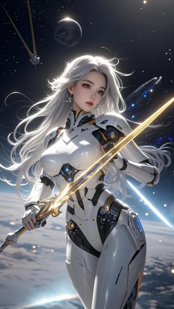 银发机甲女战士持光剑立于太空