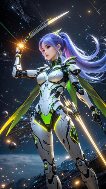 赛博朋克女战士挥剑立于星空战场
