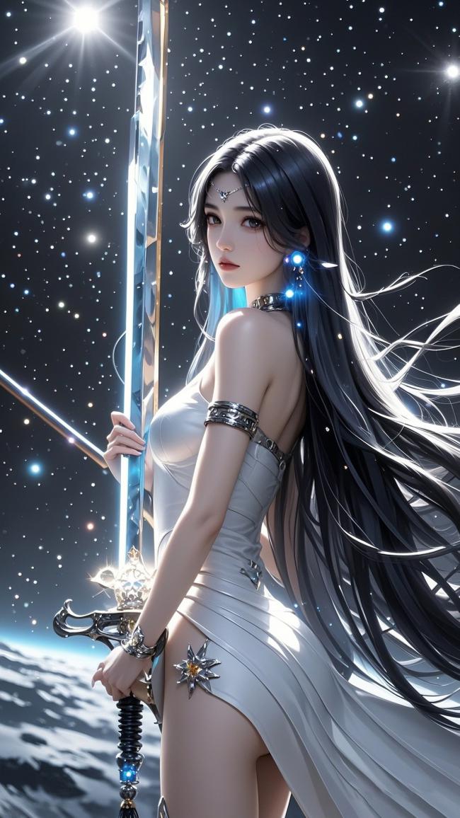 一位黑发银边的女性战士立于星空之下，身着贴身银白色礼服，肩部与腰间饰有金属护甲，