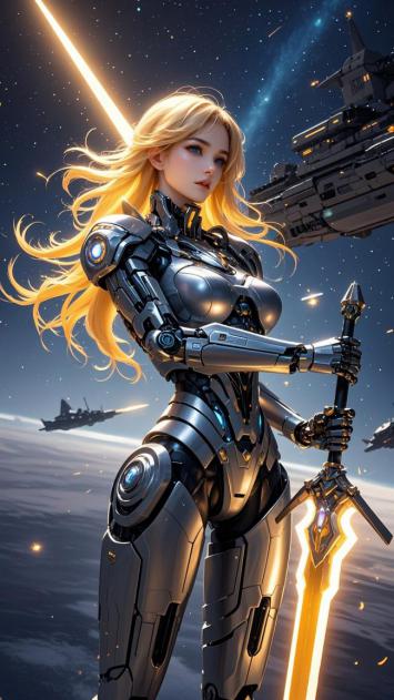 赛博朋克女机甲战士持光剑立于星海战场