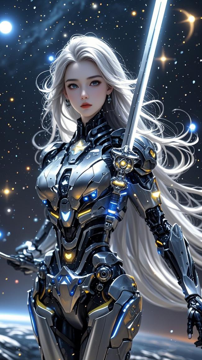 银发机甲女战士立于星海之间
