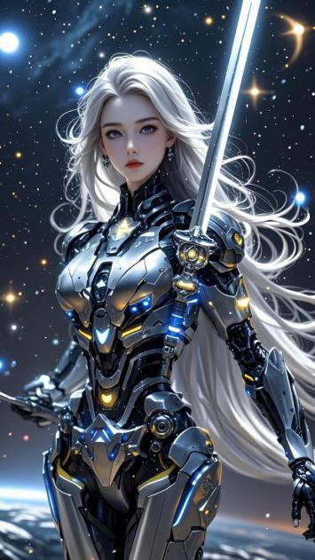 银发机甲女战士立于星海之间