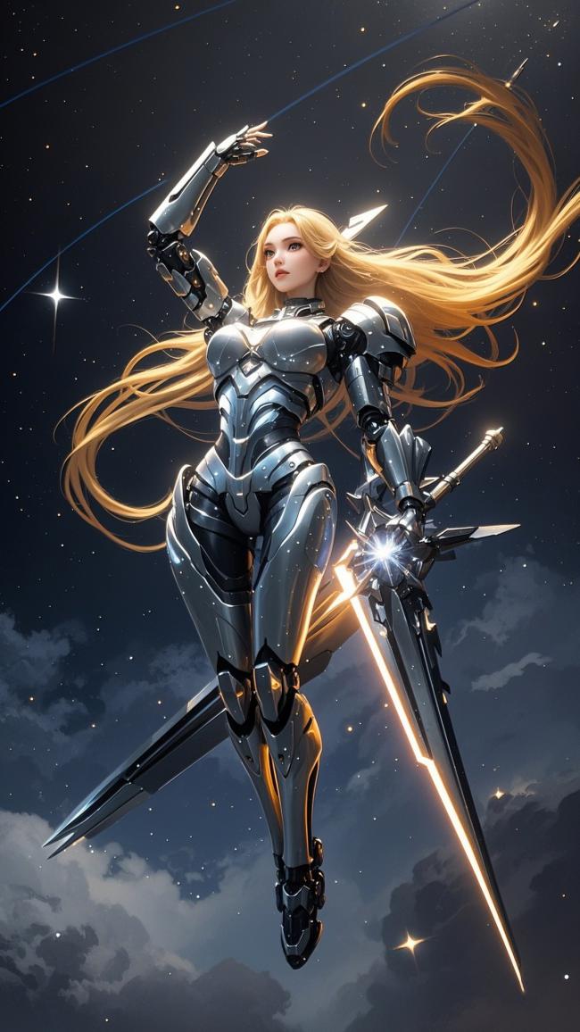 星际机甲女战士挥剑飞天，赛博朋克科幻大片感