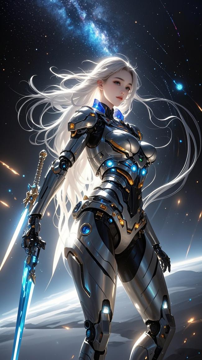 银发机甲女战士立于星海之间 ✨