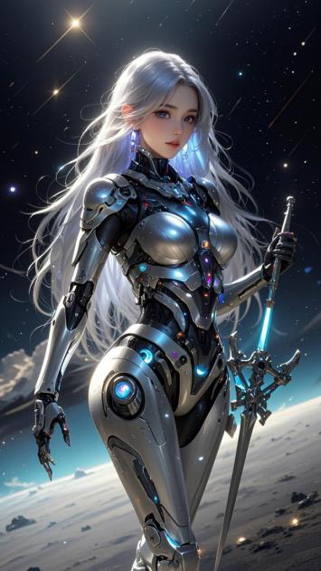 银发机甲女战士持剑立于星际荒漠