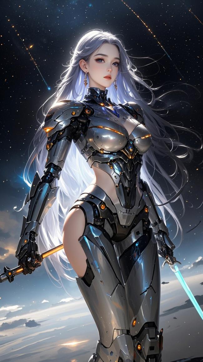 赛博朋克银发机甲女战士持剑立于星海云端