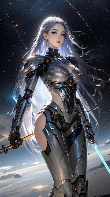 赛博朋克银发机甲女战士持剑立于星海云端