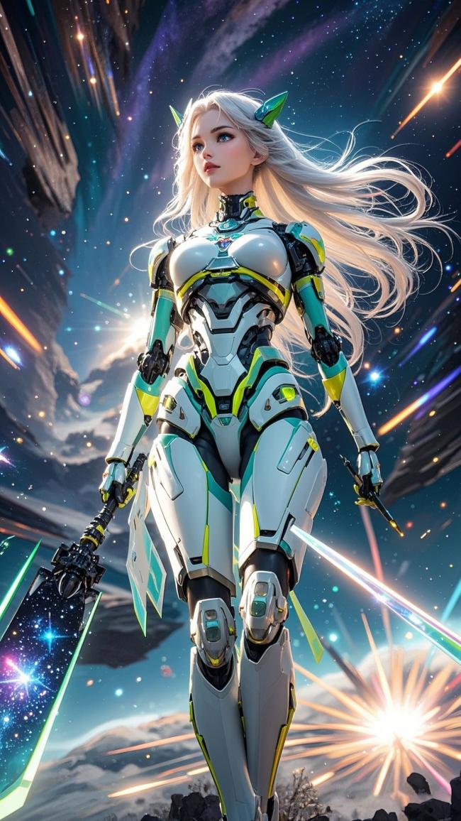 银发机甲女战士立于星际战场，赛博朋克风爆裂光影