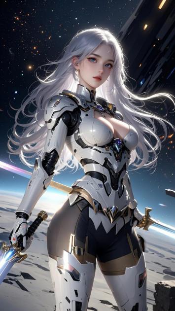 银发机甲女战士立于星空荒原