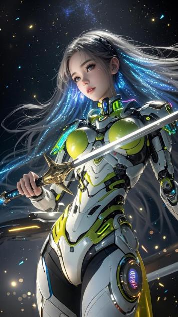 赛博朋克女战士持剑立于星海之间