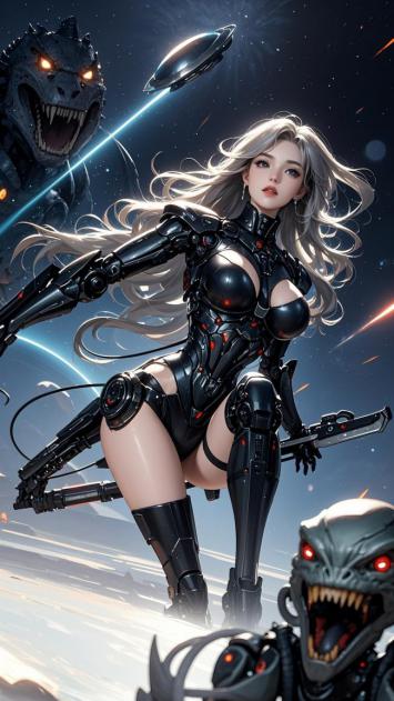 赛博朋克女战士大战外星怪兽太空激战图