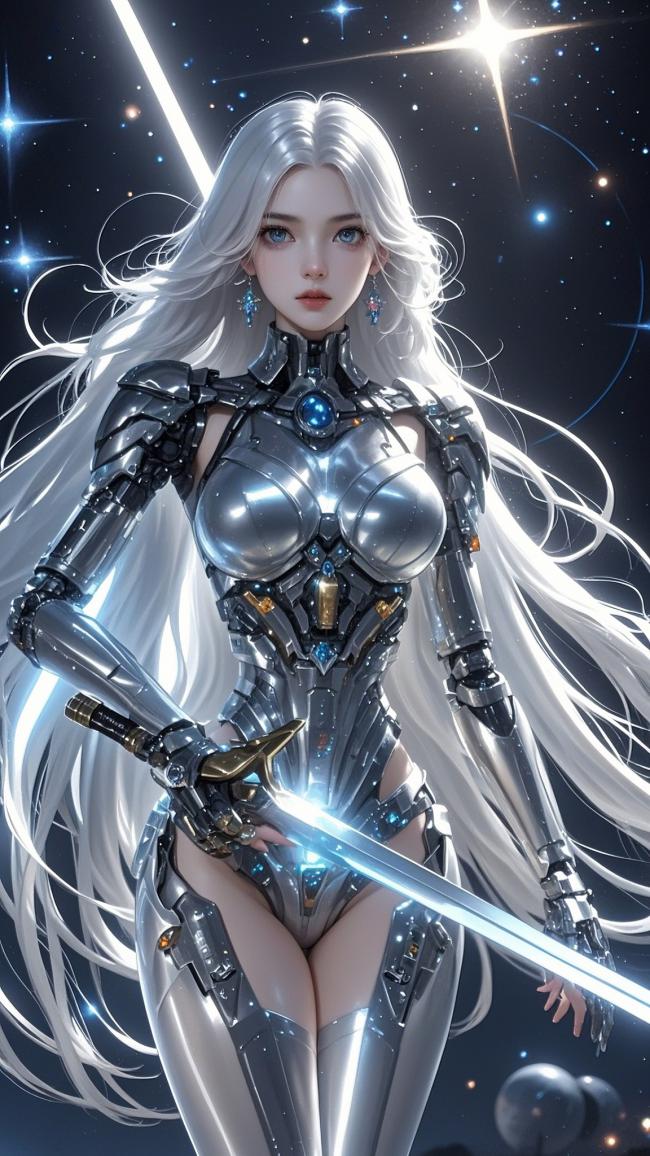 银发机甲女战士持剑立于星海之中