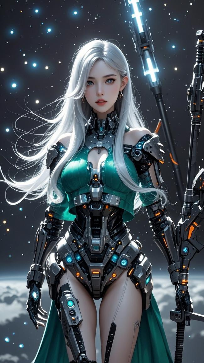 赛博朋克银发女战士持械立于星海之间
