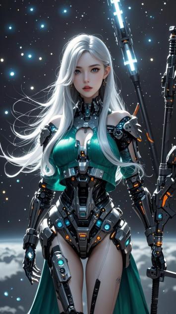 赛博朋克银发女战士持械立于星海之间