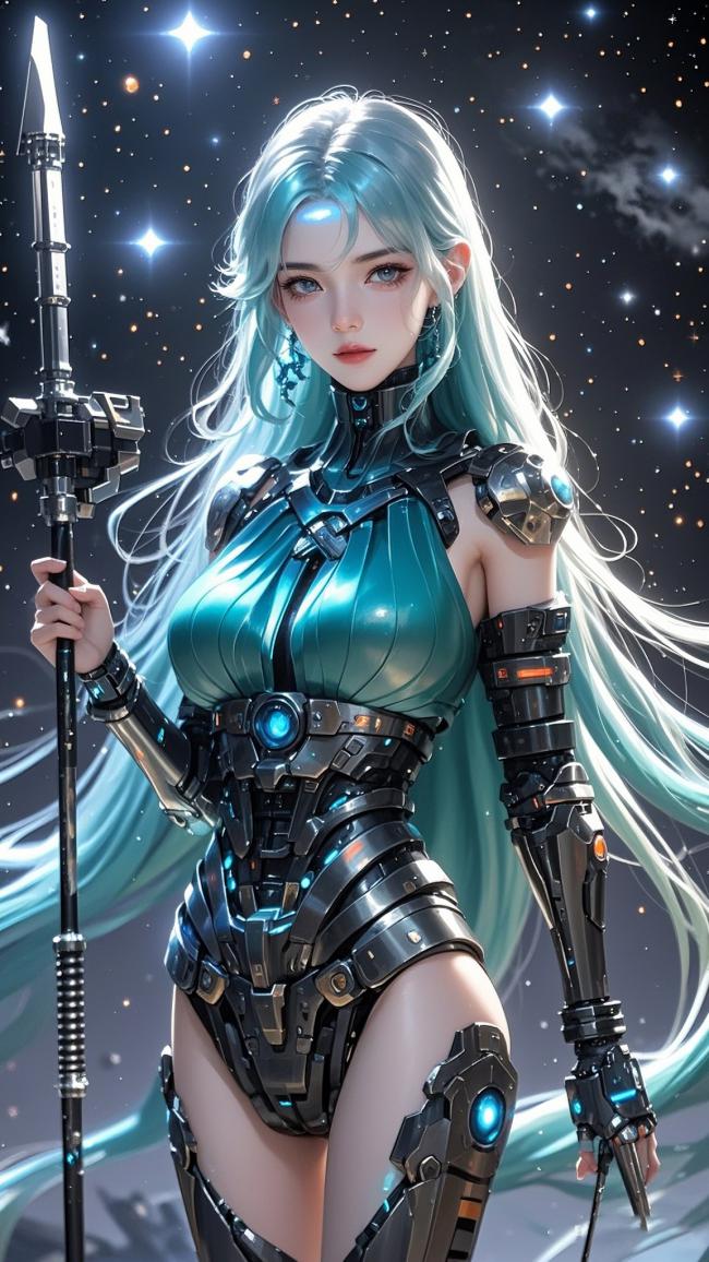 赛博朋克女战士持枪立于星海之中