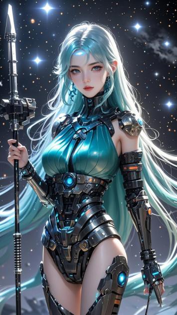 赛博朋克女战士持枪立于星海之中