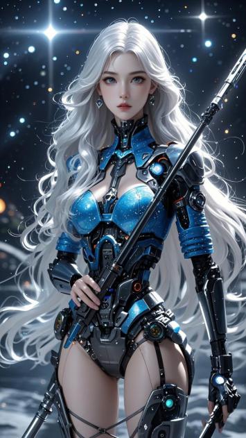 银发机甲女战士立于星海之间