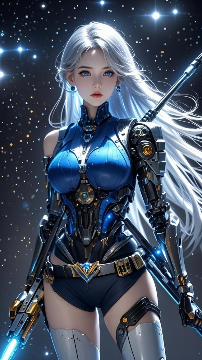 赛博朋克银发女战士持械立于星海之中