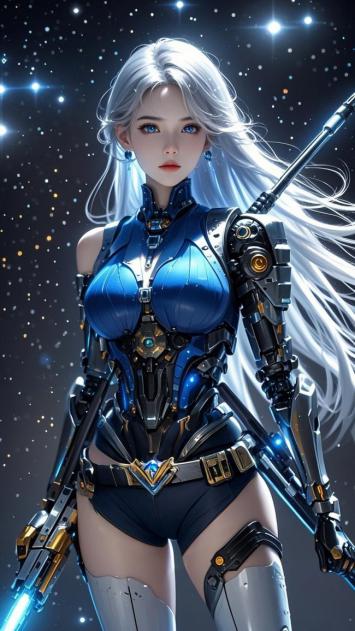 赛博朋克银发女战士持械立于星海之中