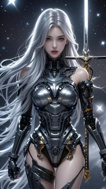 银发机甲女战士持剑立于星海