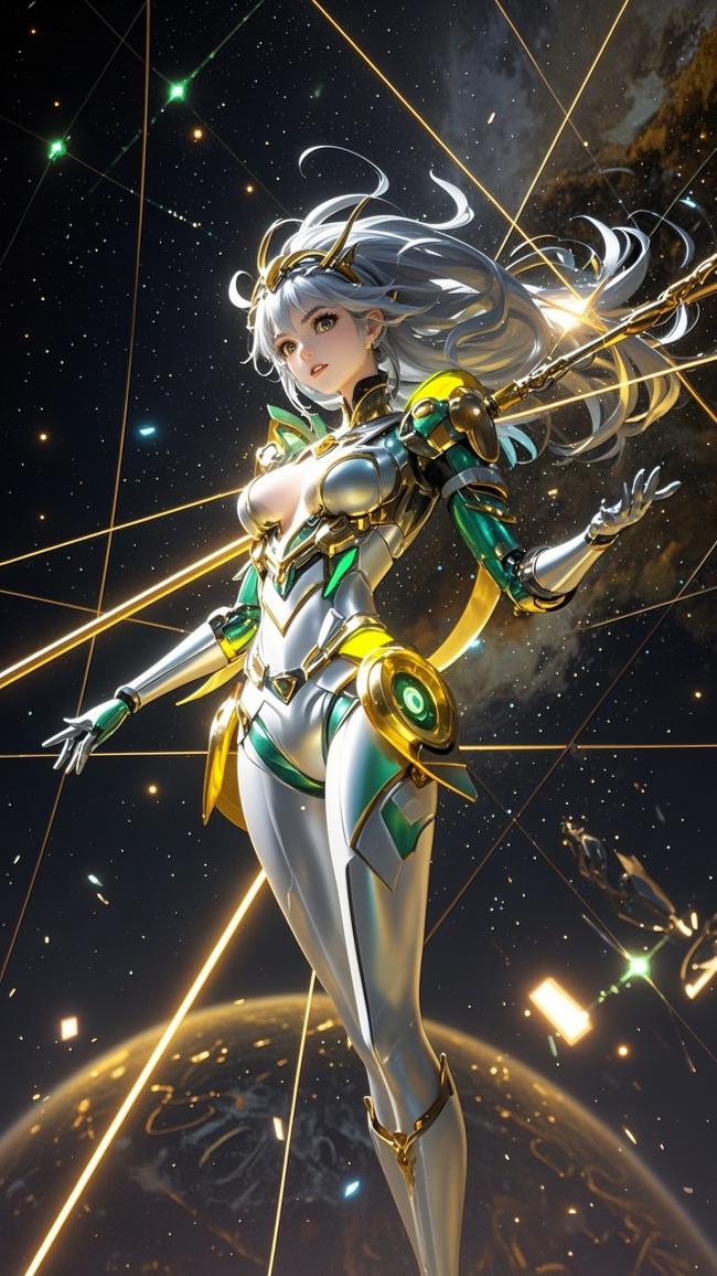 赛博朋克女机甲战士立于星海之间