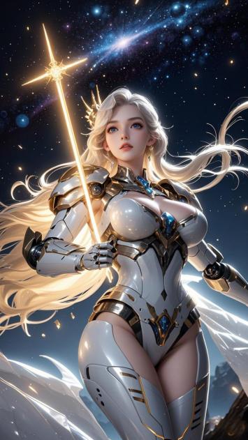 星空下的机甲女战士：银发圣剑与宇宙共鸣