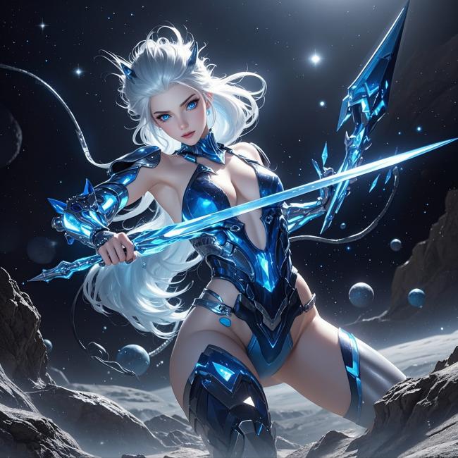 赛博朋克银发女战士持光剑立月球