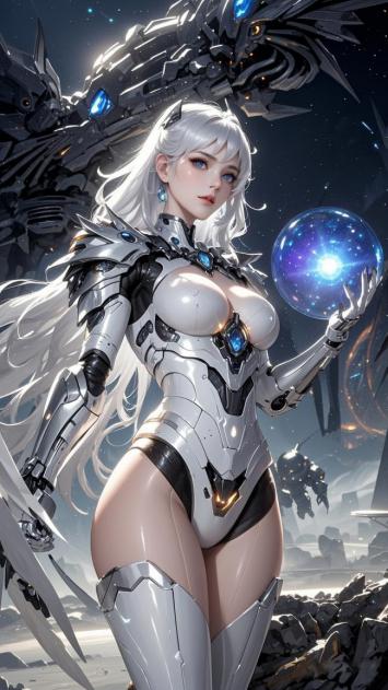 银发机甲女战士持星云能量球，赛博朋克战场史诗场景