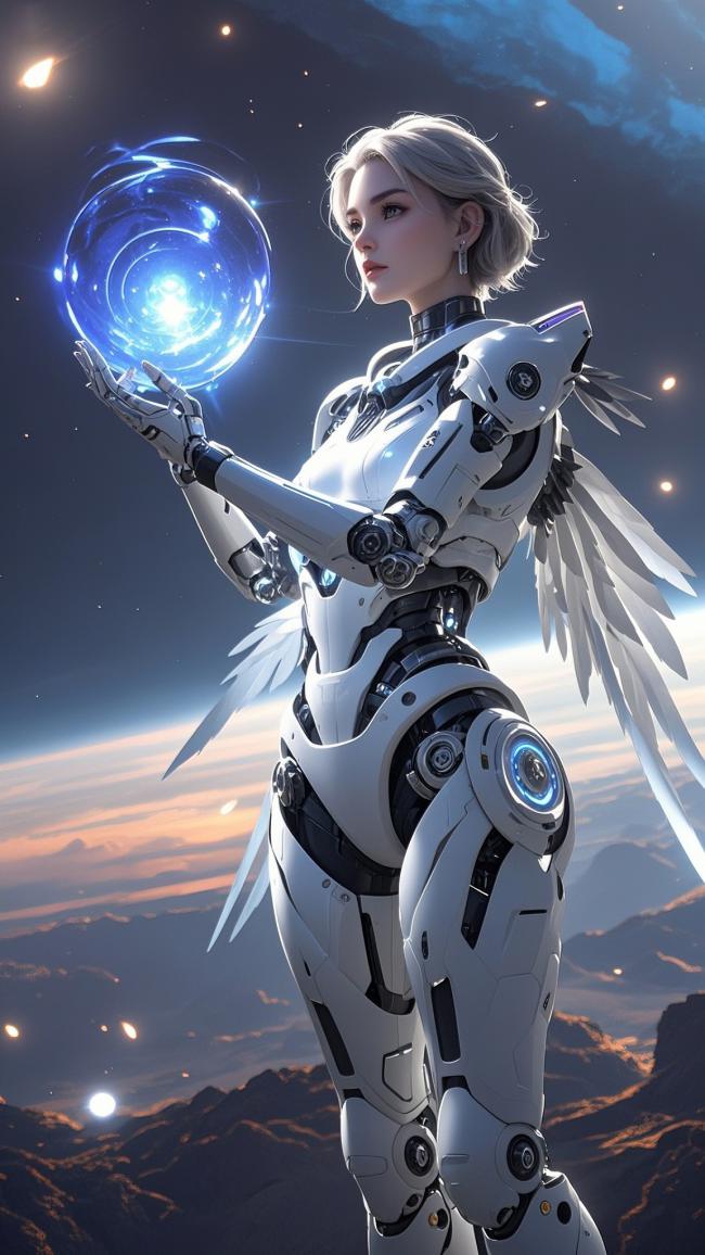 赛博朋克机甲天使持能球立于星球之巅