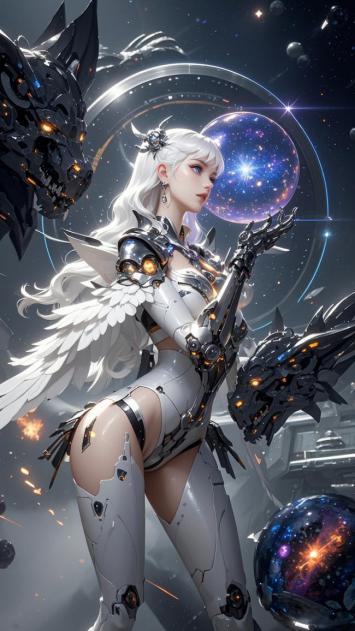 赛博朋克银发女战士与机械龙共舞星海