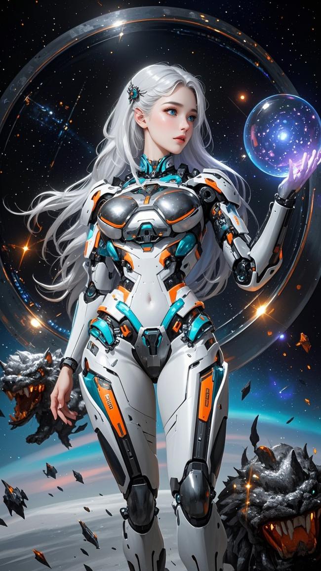赛博朋克女战士持星云球体立于宇宙战场