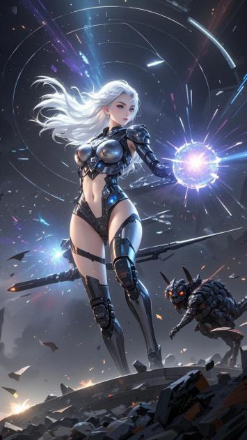 银发机甲女战士对战机械怪兽的赛博朋克夜战图